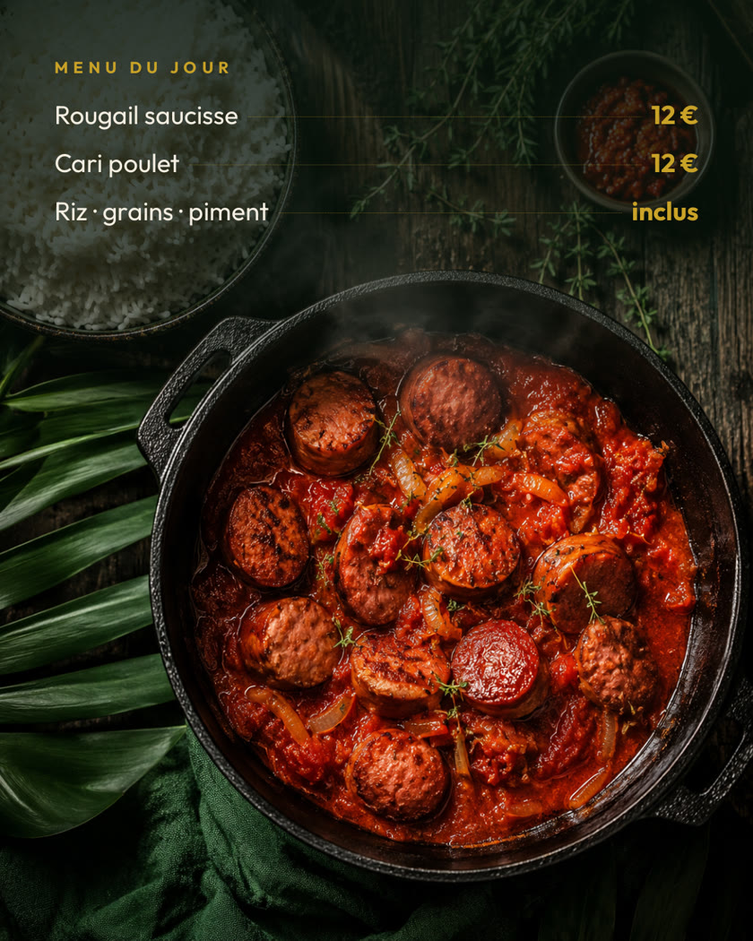 Visuel Instagram : menu du jour rougail saucisse et cari poulet, avec les prix