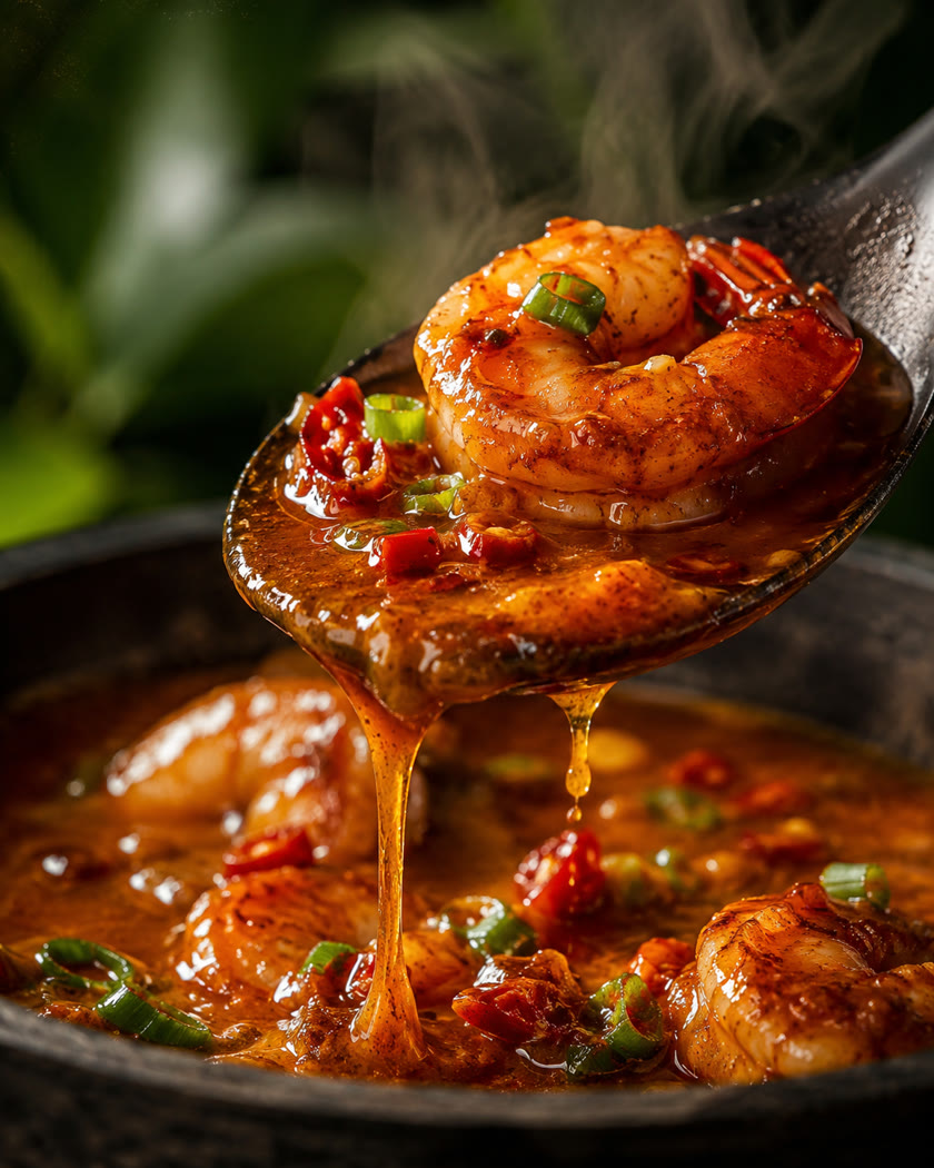 Visuel Instagram : gros plan sur une louche de crevettes en sauce