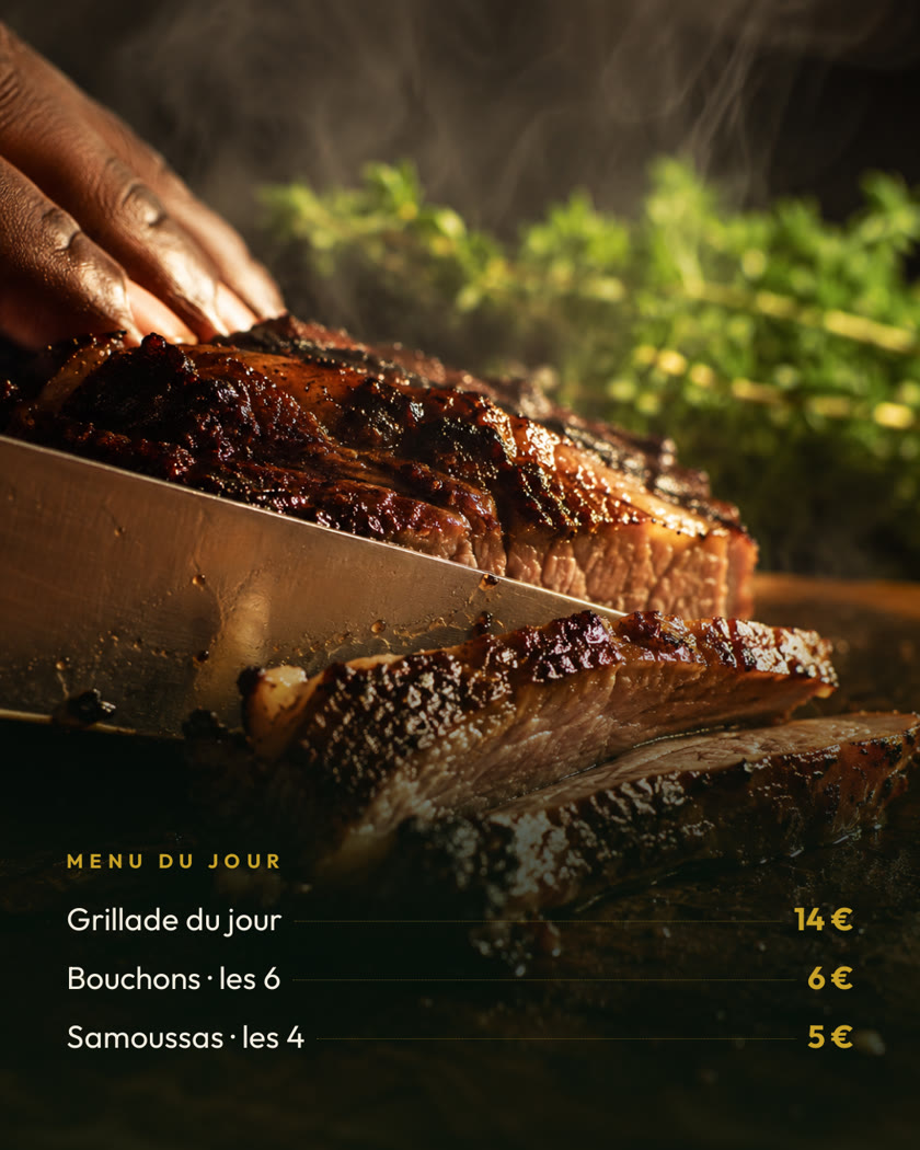 Visuel Instagram : grillade tranchée, avec les prix des bouchons et samoussas