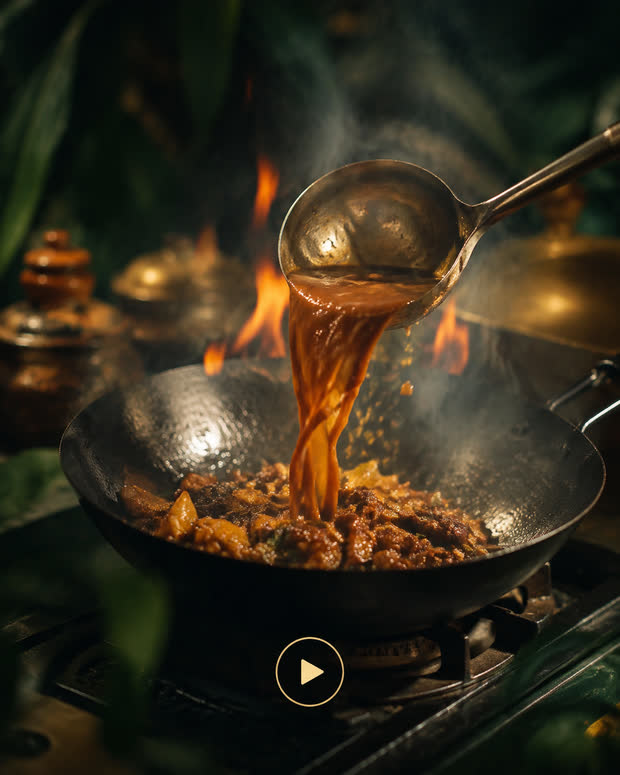 Visuel de cuisson en vidéo courte, sauce versée dans un wok